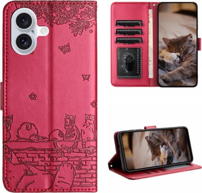 BookCover Hoes Etui geschikt voor iPhone 16 - Rood - Katten op muurtje - Reliëf