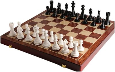 Houten schaakspel - Spelbord - Familie spel - Opvouwbaar met opbergruimte - 52x52 cm - Zwart Wit