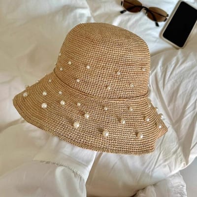 Handgemaakte Parel Strik Vissershoed Dames Zomer Koreaanse Versie Grote Rand Strand Zonnehoed UV Bescherming brown
