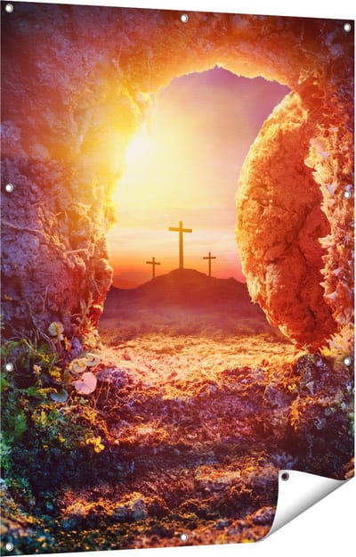 Gards Tuinposter Kruisiging bij Zonsopgang - Opstanding Jezus - 90x120 cm - Tuindoek - Tuindecoratie - Wanddecoratie buiten - Tuinschilderij