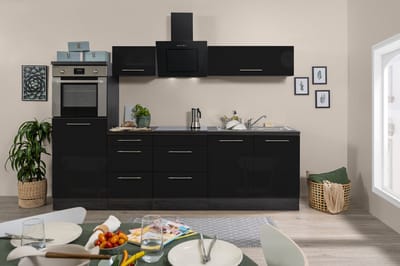 Goedkope keuken 270  cm - complete keuken met apparatuur Amanda  - Wit/Zwart - soft close - keramische kookplaat    - afzuigkap - oven    - spoelbak