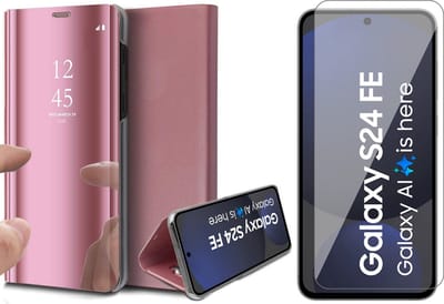 Hoesje geschikt voor Samsung Galaxy S24 FE - Screenprotector Glas - Spiegel Book Case Rosegoud