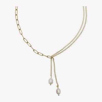 Essenza Mixed Chain Two Pearls Charm Necklace Gold