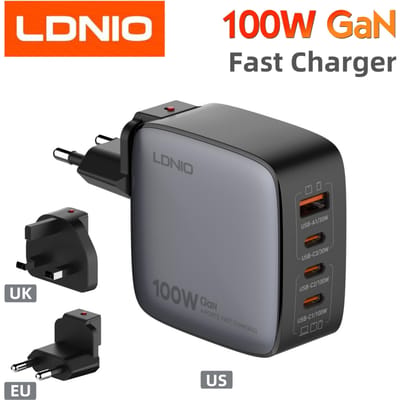 LDNIO OC5 Hoge Kwaliteit 100W GaN Snellader Inclusief Snel laad Kabel- 4 in 1 Stekker - 3x USB-C 1x USB-A - Reisstekker - EU VS VK Plug Mogelijkheid - MacBook Pro/Air, iPhone 14 Pro Max, 14, iPhone 13, iPad Pro, Galaxy S23 Ultra, S23+, S23, S22