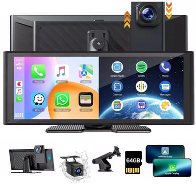 ESSGOO Draagbare Carplay Scherm 10 inch - met Voor en Achter Dashcam - Mit 64GB - Auto - Universele Android Auto voor Oude Auto