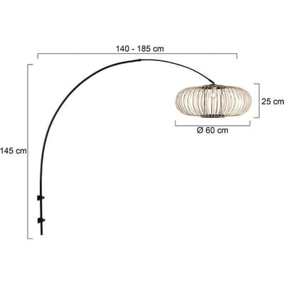 Trendy wandlamp Silva 1481ZW + K2020BS van bamboe en metaal, zwart, draaibaar, kantelbaar en uitschuifbaar voor binnengebruik