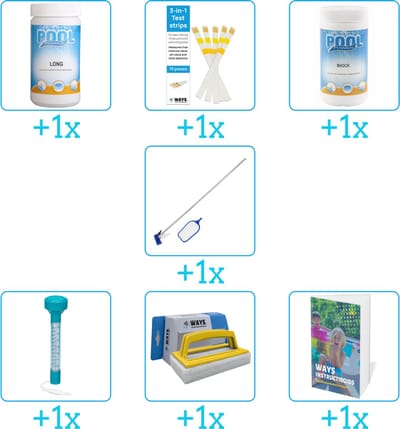 Zwembad Onderhoudspakket - Onderhoud Zwembad - bevat Chloor - Testrips - Chloor - Schoonmaakset - Thermometer - Scrubborstel en Zwembadgids (7-delig)