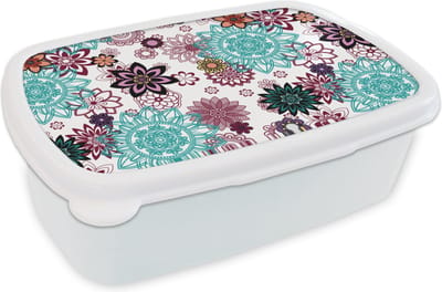 Broodtrommel Wit - Lunchbox - Brooddoos - Mandala - Bloemen - Patroon - 18x12x6 cm - Volwassenen
