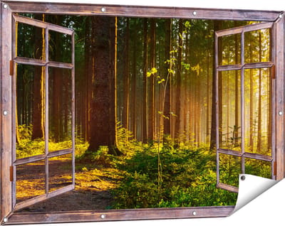 Gards Tuinposter Doorkijk Bos met Zon tussen de Bomen - 120x80 cm - Tuindoek - Tuindecoratie - Wanddecoratie buiten - Tuinschilderij
