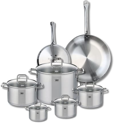 Set van 2 Koekenpannen 24 en 32 cm en 5 braadpannen 12, 14, 16, 20 en 26 cm Elo Profi Citrin