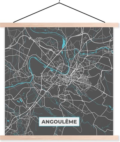 Posterhanger incl. Poster 40x40 cm - Schoolplaat - Frankrijk - Stadskaart - Plattegrond - Kaart - Angoulême - Textielposter - Blanke latten - Stadskaart