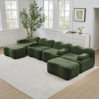BLACKCOLORS Modulaire U-vormige 4-zitsbank met 2 chaise longues, golvende vorm, schuim met hoge dichtheid (32D), afneembare armleuningskussens, zachte stof, voor de woonkamer, groen