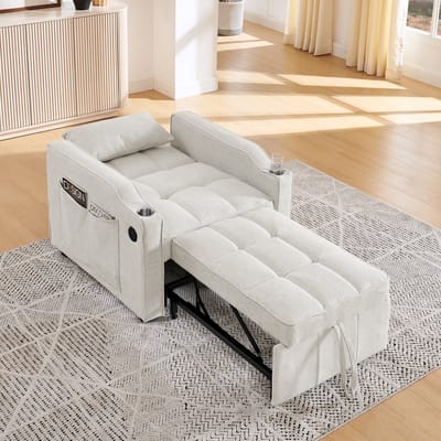 MODFU Slaapbank - 3-In-1 En Uitschuifbaar Met USB-Laadfunctie - Minimalistisch - Voor Woonkamer - Hout En Stof - Beige