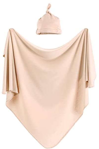Baby Inbakerdeken met Hoed Set - Comfortabele en Ademende Wrap voor Pasgeborenen - 114x114cm (Beige)