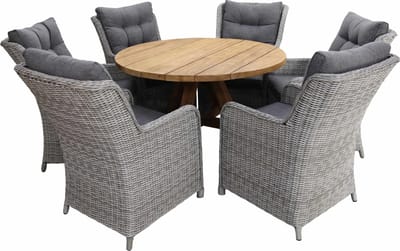 7-delige ronde tuinset | 6 Dublin tuinstoelen (MG) | ø150cm Ayra tuintafel (Teakhout)