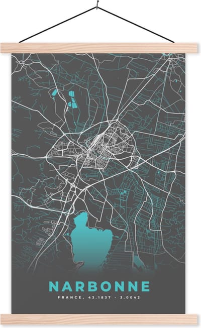 Posterhanger incl. Poster 40x60 cm - Schoolplaat - Kaart – Stadskaart – Narbonne - Plattegrond – Frankrijk - Textielposter - Blanke latten - Stadskaart