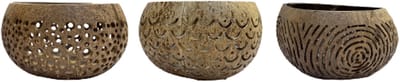 Homedeco – Decoratief Object – Kokosnoot – Donker - Handgesneden Patroon – Windlicht – Set van 3 – Naturel