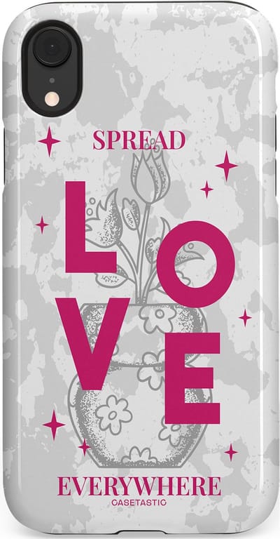 Casetastic hoesje geschikt voor Apple iPhone XR - Dubbellaagse bescherming - Spread Love Everywhere - Grijs Roze - Valentijn - Valentine - Fashion Case - Lichtgrijs Wit Roze