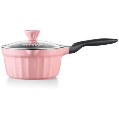 BUYDEEM gegoten aluminium steelpan met antiaanbaklaag, snel en gelijkmatig verwarmende melkpan met glazen deksel, geschikt voor alle kookplaten,