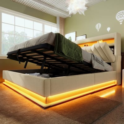 Wishdor Opbergbed 160x200 cm – LED/App & USB/Type-C – Hydraulische Lift & Opbergvakken – Linnen Beige – Moderne All-in-One