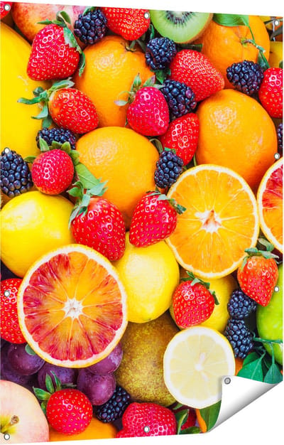 Gards Tuinposter Kleurrijke Fruit Achtergrond - 90x120 cm - Tuindoek - Tuindecoratie - Wanddecoratie buiten - Tuinschilderij