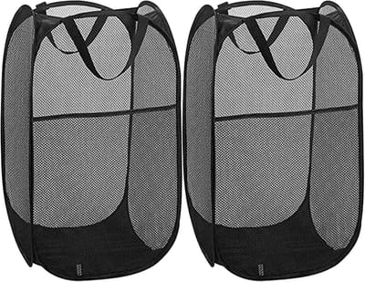wasmand met handgrepen Mesh Pop up Inklapbare Laundry Basket Opbergmand voor Home Organizer, slaapkamer, reizen (2, Zwart-rond)