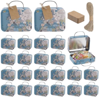 Dailygoods- Kofferdozen 24 stuks - Mini Kofferdozen - Vintage Wereldkaart - Feestgeschenk - Decoratie - Inclusief Etiketten en Touw - Geschenkdozen