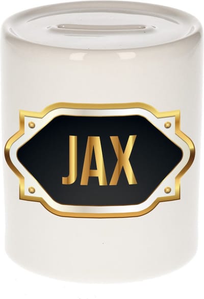 Spaarpot met voornaam Jax - wit - met goud/zwart embleem - 8 x 9 cm - keramiek - met afsluitdop - cadeau verjaardag