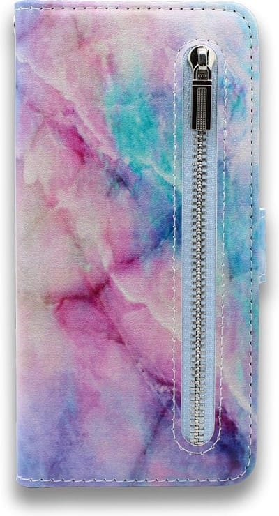 HB Hoesje Geschikt voor Apple iPhone XR - Portemonnee met Print en Rits Vakje - Hoes met Pasjeshouder, Magneetlipje en Standaardfunctie - Uni Marmer
