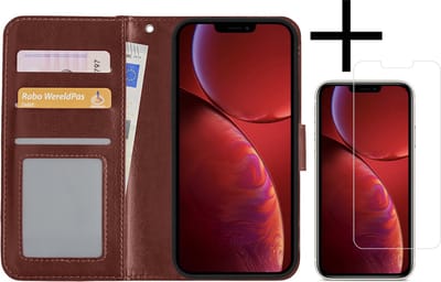 Hoesje - Met Screenprotector - Geschikt voor Apple iPhone 14 Pro - Luxe Pasjeshouder - Bookcase Portemonee - Flip Case - Kunstleer Book Case - Flipcase - Book Cover - Walletcase - Portemonneehoes - Bruin