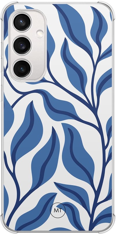Hoesje (shockproof) geschikt voor Samsung Galaxy S23 FE - Blue leaves - Extra sterke case - TPU/polycarbonaat - Print - Blauw, Transparant