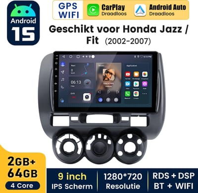 Hexinexmarket Autoradio Geschikt voor Honda Jazz / Fit (2002- 2007) - Draadloos CarPlay, Android Auto,GPS Navi, multimediaspeler - 2GB+64GB