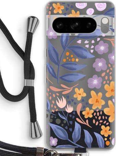 Case Company® - Hoesje met koord geschikt voor Google Pixel 8 Pro hoesje met Koord - Flowers with blue leaves - Telefoonhoesje met Zwart Koord - Bescherming aan alle Kanten en Over de Schermrand