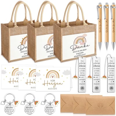 Dailygoods- Afscheidscadeau voor leraren - Jute tas - Regenboog bladwijzer - Sleutelhanger met hanger - Balpen - Kraftpapieren envelop met hartsluiting - Lerarencadeau