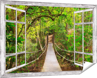 Gards Tuinposter Doorkijk Hangbrug - 150x100 cm - Tuindoek - Tuindecoratie - Wanddecoratie buiten - Tuinschilderij