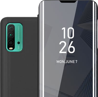 Cadorabo Hoesje geschikt voor Xiaomi RedMi 9T / POCO M3 in TOERMALIJN ZWART - Clear View Spiegel Beschermende Case met Tribunefunctie 360 Graden Bescherming Book Case Cover Etui