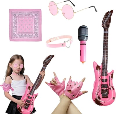 Punk Rock Kostuum voor Kinderen met Handschoenen, Zonnebril, Bandana en Opblaasbare Gitaar - Perfect voor Verkleedpartijen en Halloween