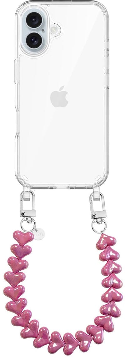 xoxo Wildhearts siliconen hoesje geschikt voor iPhone 17 hoesje - Funky Hearts - Telefoonhoesje - Hoesje met koord - Metallic Roze (Donkerroze) koord - kort telefoonkoord - Hartjes ketting - Transparant hoesje