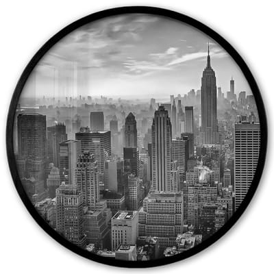 Poster in lijst Rond - Fotolijst 40x40 cm - Posters - Architectuur - Zwart wit - Stad - Skyline - New York - Ronde posterlijst zwart - Decoratie - Wanddecoratie woonkamer - Muurdecoratie slaapkamer