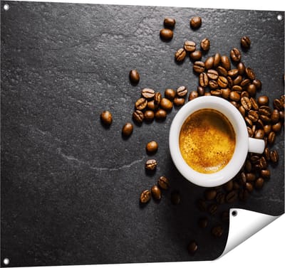 Gards Tuinposter Kopje Koffie met Koffiebonen - 100x80 cm - Tuindoek - Tuindecoratie - Wanddecoratie buiten - Tuinschilderij
