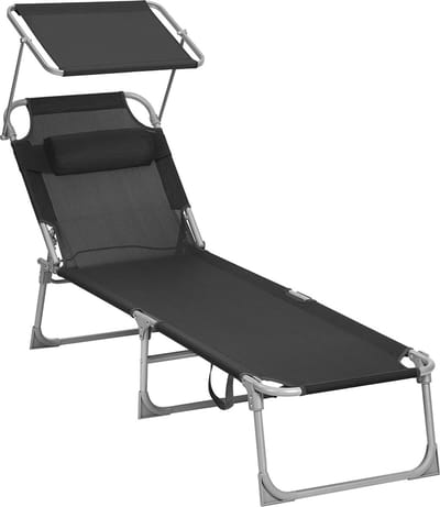 ACAZA Ligbed Tuin - Ligstoel Tuin - Zonnebed - Stretcher - Ligzetel Buiten - Ligbed Opvouwbaar - Strandbed - Lounge Bed - Tot 150 kg - Inclusief Kussen, Zonnescherm en 4 Standen - Draagbaar - Zwart