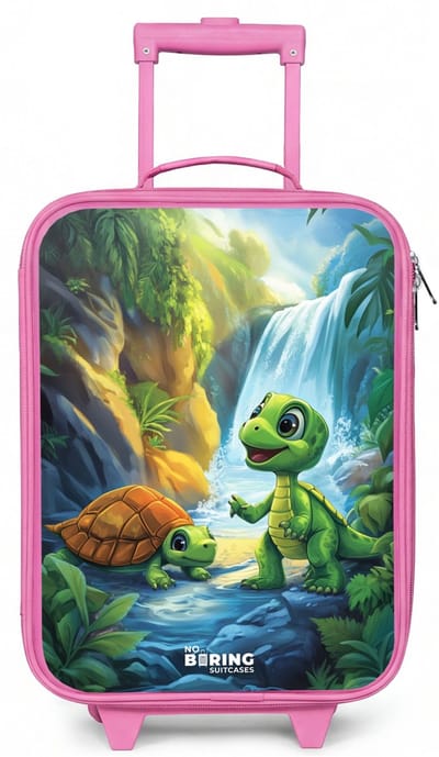 NoBoringSuitcases.com® - Kinderkoffer roze - Kindertrolley meisje - Schildpad en dino bij waterval in tropisch bos - Koffer kind lichtgewicht - Reiskoffer trolley voor kinderen - Koffertje met lichtgevende wieltjes - Rolkoffer