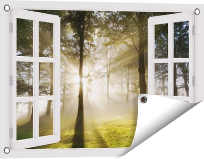 Gards Tuinposter Doorkijk Zon tussen de Bomen - 60x40 cm - Tuindoek - Tuindecoratie - Wanddecoratie buiten - Tuinschilderij