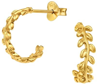 Joy|S - Zilveren takje oorringen stud - 13 mm / 4 mm - takje met blaadjes - sterling zilver 925 - gold plated