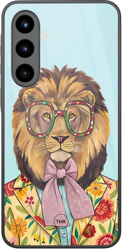 Hoesje geschikt voor Samsung Galaxy A56 - Retro leeuw - Multi, Blauw - TPU luxe case (glossy toplaag) - Print - Hardcase backcover zwart