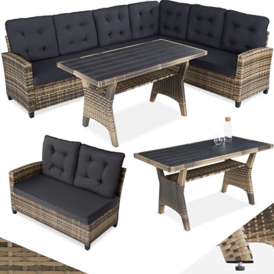 tectake® Wicker zitgroep tuinbank - Loungeset met bank en eettafel - Hoekbank - Buitenlounge - Zithoek - Weerbestendig - Tuin, balkon, wintertuin, terras - Zithoogte 41 cm - Beige
