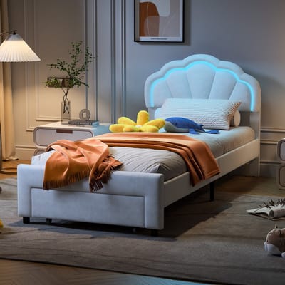 Eenpersoonsbed 90x200 Wit Fluweel – Met LED Hoofdbord & Lade – Modern Bloemen Design voor Slaapkamer of Jeugdkamer