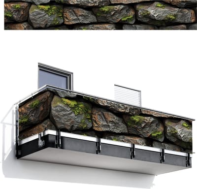Balkonscherm 500x75 cm - Balkonposter Stenen - Mos - Grijs - Groen - Balkon scherm decoratie - Balkonschermen - Balkondoek zonnescherm