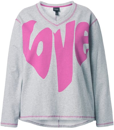 Ulla Popken - Dames - Sweatshirt Love A-lijn V-hals lange mouwen - Lichtgrijs melange - Maat 42+
