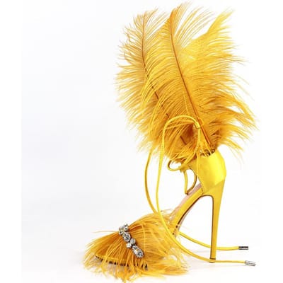 Merk Hoge Hakken 12cm Veer Strass Sandalen Prom Halloween Masker Damesschoenen Bruiloft Bruidsschoenen Grote Maat 35 -43 36 yellow